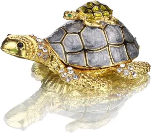 YU FENG Sea Turtle Figurines Collectibles Bejeweled Jewelry Trinket Boxes Hinged Hand Painted Enamel Turtle Box Ring Holder for Women Girls