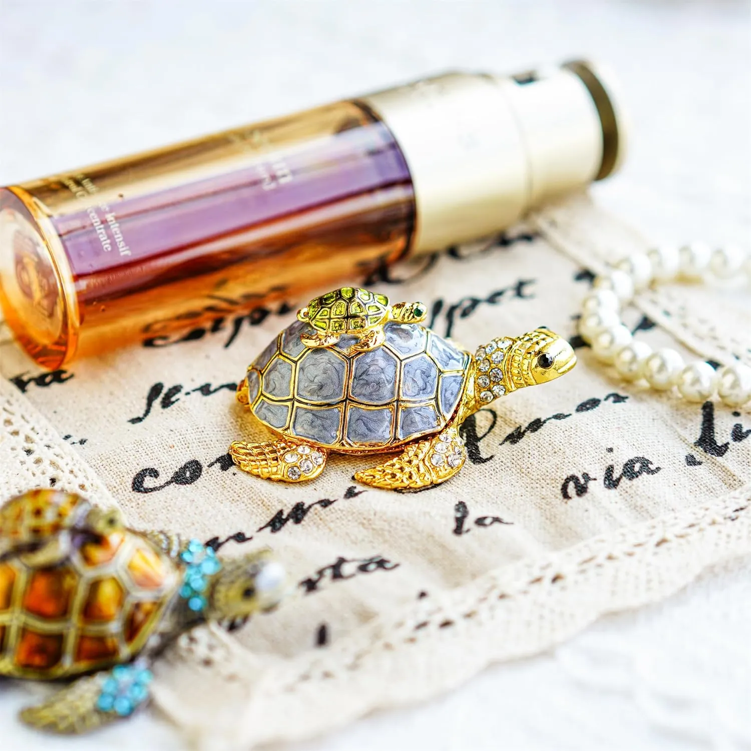 YU FENG Sea Turtle Figurines Collectibles Bejeweled Jewelry Trinket Boxes Hinged Hand Painted Enamel Turtle Box Ring Holder for Women Girls