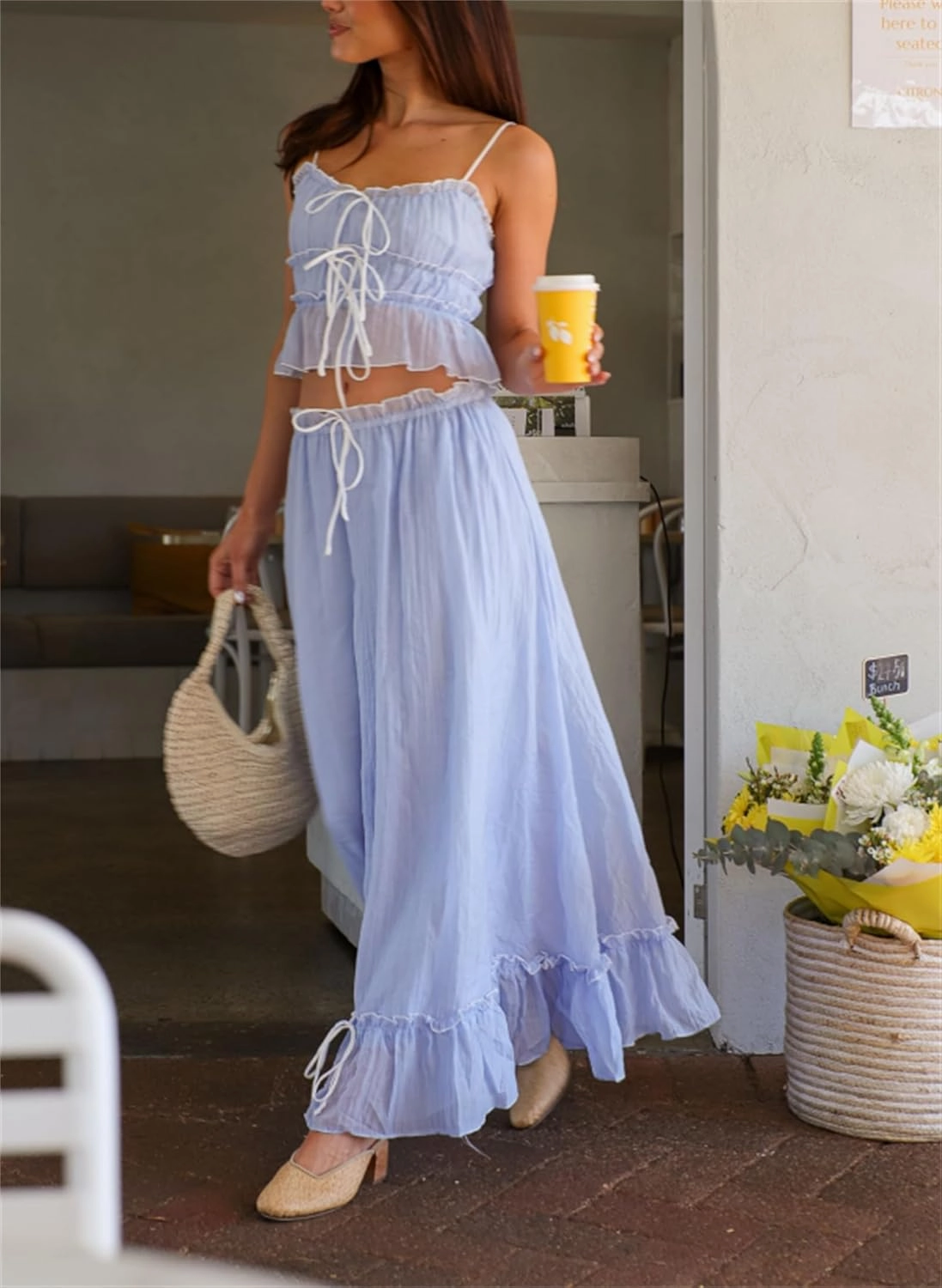 Yuemengxuan Women Y2k Ruffle Maxi Skirts Sets 2 Pieces Going Out Set Sleeveless Lace Trim Cami Top Flowy Ruffle Long Skirts