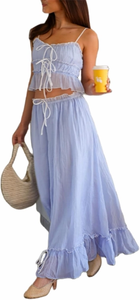 Yuemengxuan Women Y2k Ruffle Maxi Skirts Sets 2 Pieces Going Out Set Sleeveless Lace Trim Cami Top Flowy Ruffle Long Skirts