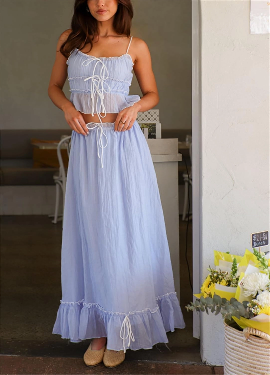 Yuemengxuan Women Y2k Ruffle Maxi Skirts Sets 2 Pieces Going Out Set Sleeveless Lace Trim Cami Top Flowy Ruffle Long Skirts