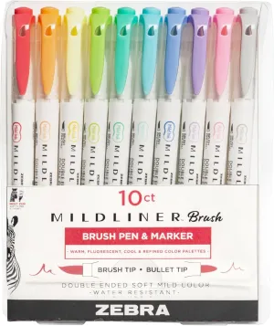 Zebra Pen Mildliner Double-Ended Brush Marker, Brush and Fine Tip Pen, Ideal for Bible Highlighting, No Bleed, Assorted Soft Hue Colors, 10-Pack (79101)
