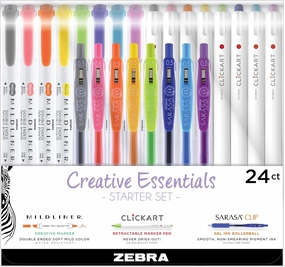 Zebra Pen - Essentials Starter Set - Mildliner Highlighters, ClickArt Markers & Sarasa Clip Gel Pens - No Bleed, Assorted Ink for Bible Highlighting, Studying & Journaling - 24 Pack (76024)