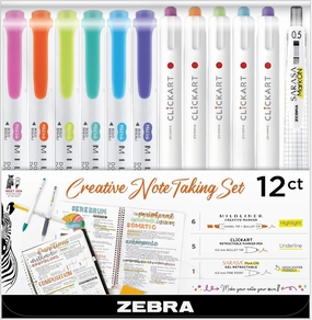 Zebra Pen - Notetaking Set - Mildliner Highlighters, ClickArt Marker Pens & Sarasa Markon Gel Pen - No Bleed, Smear-Resistant Ink for Studying, Journaling & Planning - 12 Pack (12012)