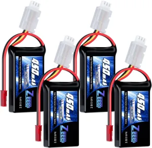 Zeee 2S Lipo Battery 450mAh 7.4V 50C Soft Pack RC Battery with JST Plug for FPV Drone Quadcopter Helicopter Airplane RC Boat RC Car RC Models(4 Pack)