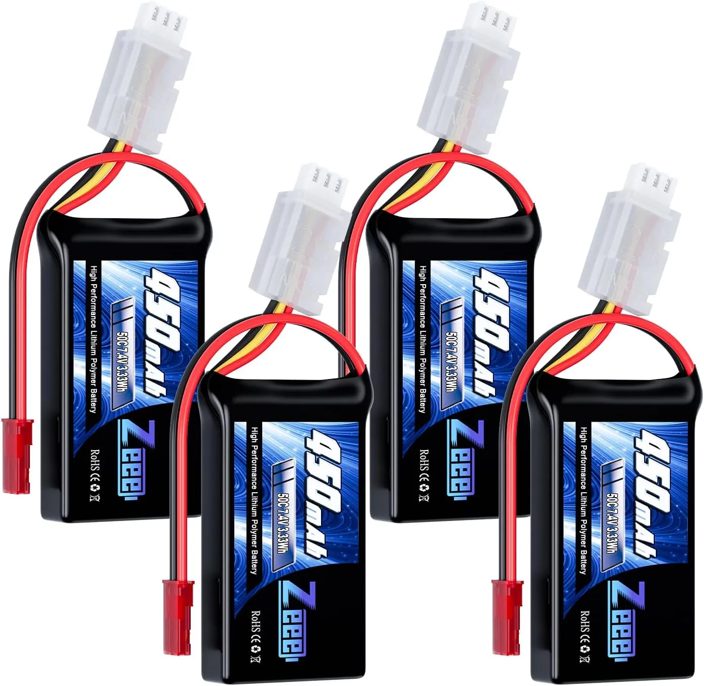 Zeee 2S Lipo Battery 450mAh 7.4V 50C Soft Pack RC Battery with JST Plug for FPV Drone Quadcopter Helicopter Airplane RC Boat RC Car RC Models(4 Pack)