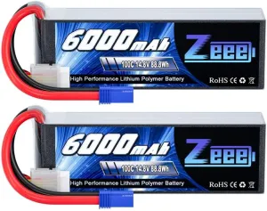 Zeee 4S Lipo Battery 6000mAh 14.8V 100C with EC5 Plug Soft Case for RC Plane Quadcopter Airplane Helicopter RC Car Truck RC Boat (2 Pack)