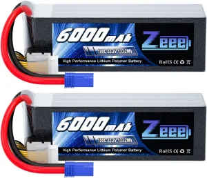 Zeee 6S Lipo Battery 6000mAh 22.2V 100C with EC5 Connector Soft Pack RC Battery for RC Car Truck RC Airplane Helicopter Quadcopter Boat (2 Packs)
