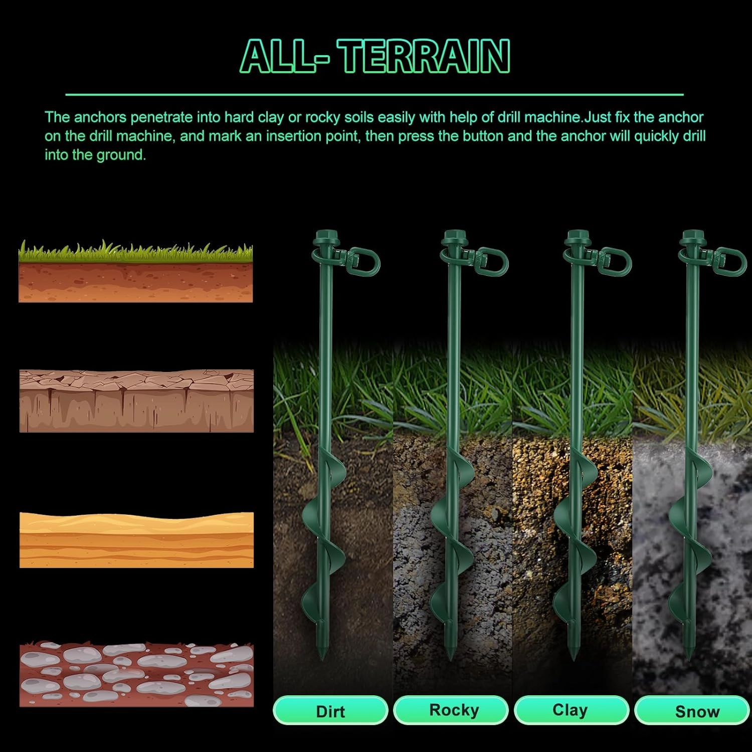 Zhengmy 12 Pcs Ground Anchors Screw in, 12 Inch Heavy Duty Tent Stakes with Trampoline Anchor Hook Ground Stakes for Camping Tent Canopies Ports Sheds Swing Sets Securing Animals (Green)