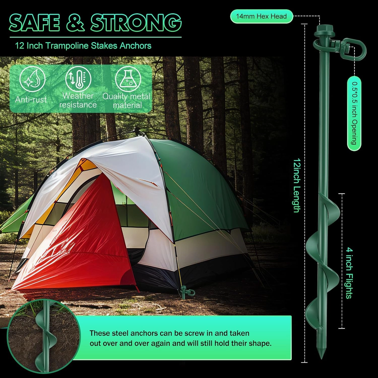 Zhengmy 12 Pcs Ground Anchors Screw in, 12 Inch Heavy Duty Tent Stakes with Trampoline Anchor Hook Ground Stakes for Camping Tent Canopies Ports Sheds Swing Sets Securing Animals (Green)