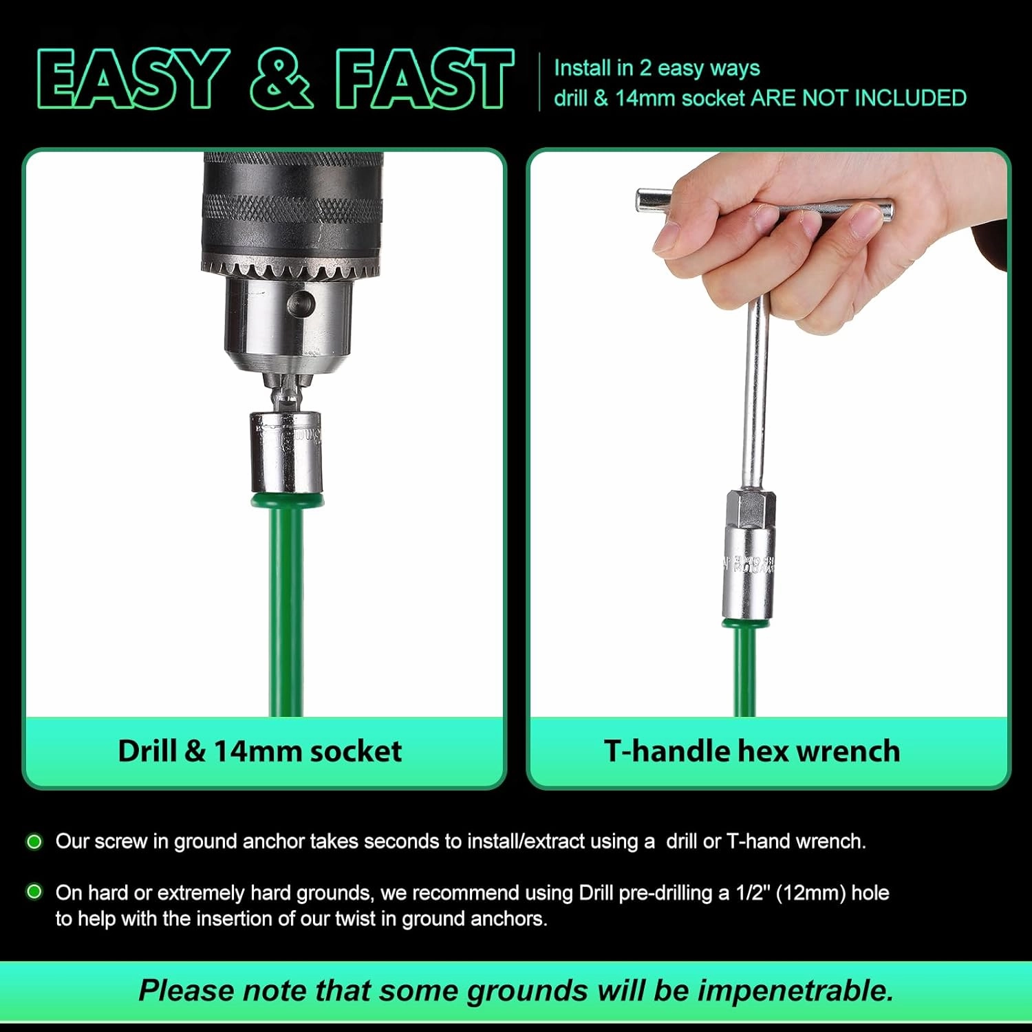 Zhengmy 12 Pcs Ground Anchors Screw in, 12 Inch Heavy Duty Tent Stakes with Trampoline Anchor Hook Ground Stakes for Camping Tent Canopies Ports Sheds Swing Sets Securing Animals (Green)