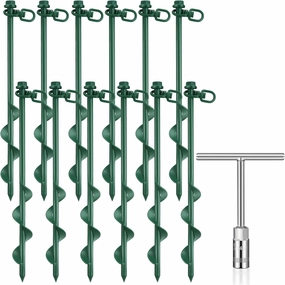 Zhengmy 12 Pcs Ground Anchors Screw in, 12 Inch Heavy Duty Tent Stakes with Trampoline Anchor Hook Ground Stakes for Camping Tent Canopies Ports Sheds Swing Sets Securing Animals (Green)