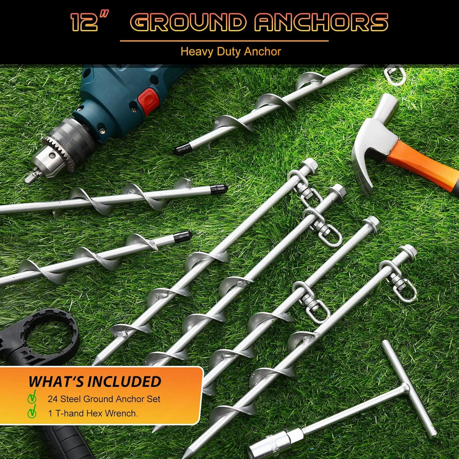 Zhengmy 24 Pcs Ground Anchors Screw in, 12 Inch Heavy Duty Tent Stakes with Trampoline Anchor Hook Ground Stakes for Camping Tent Canopies Ports Sheds Swing Sets Securing Animals (Silver)
