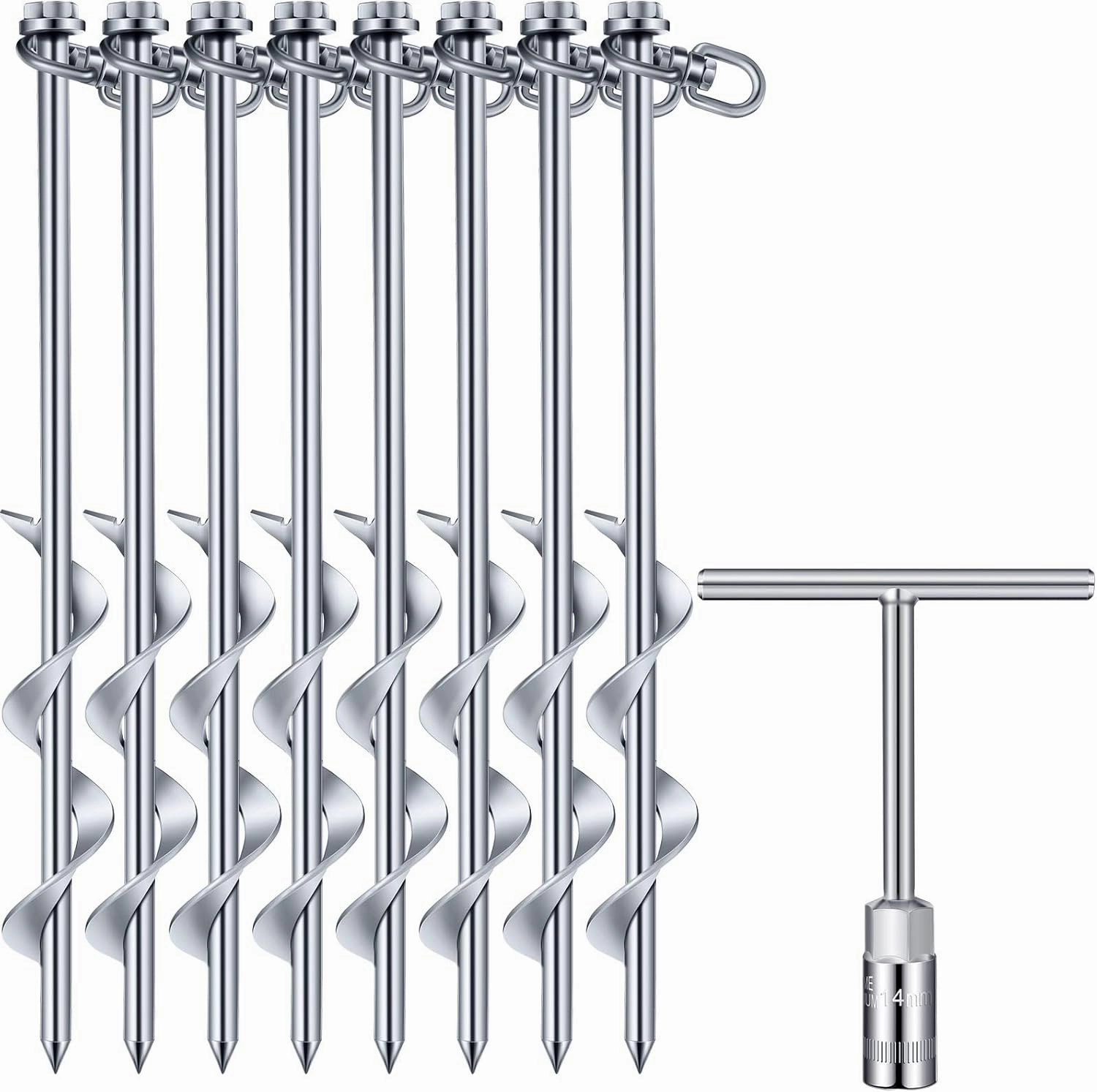 Zhengmy 8 Pcs Ground Anchors Screw in, 12 Inch Heavy Duty Tent Stakes with Trampoline Anchor Hook Ground Stakes for Camping Tent Canopies Ports Sheds Swing Sets Securing Animals (Silver)