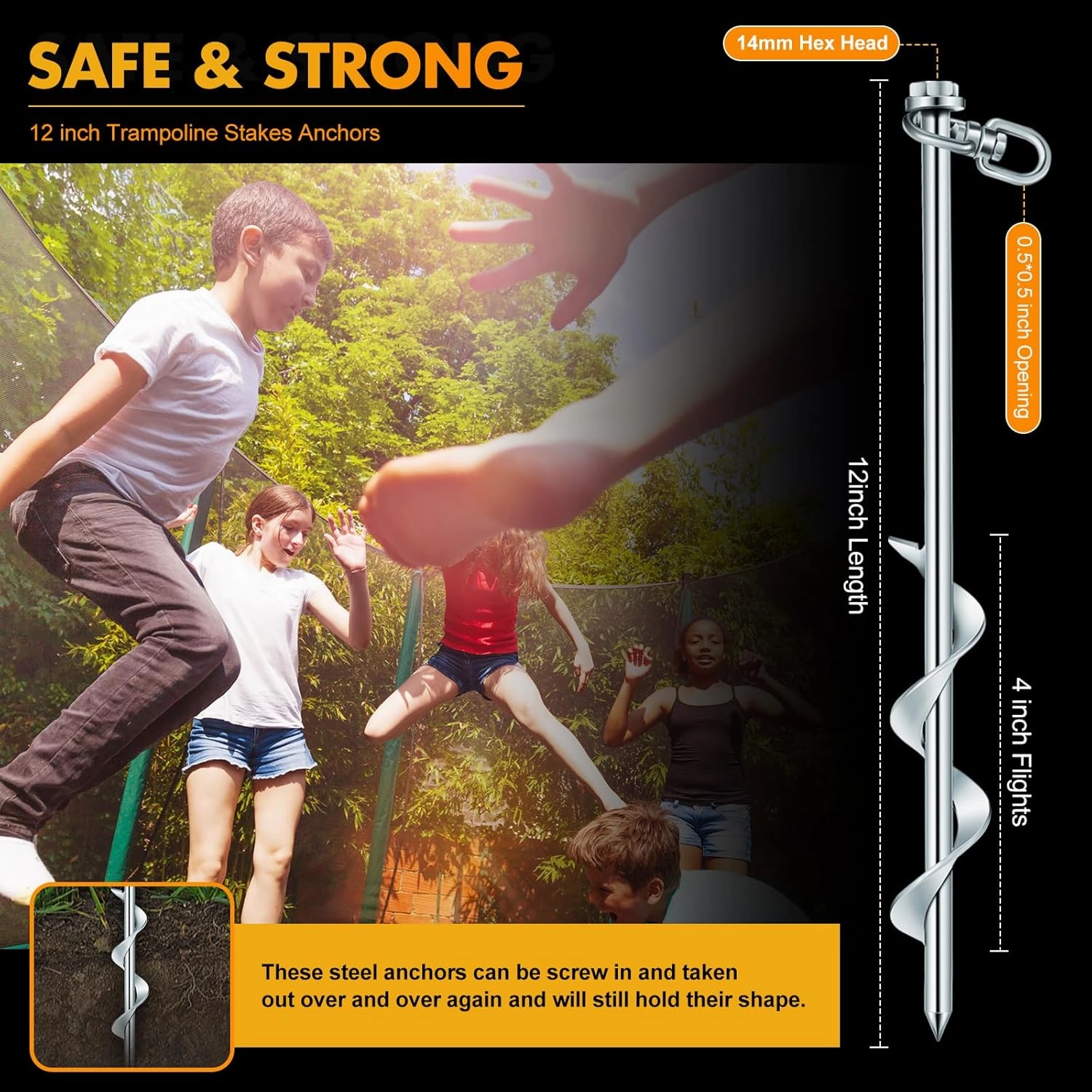 Zhengmy 8 Pcs Ground Anchors Screw in, 12 Inch Heavy Duty Tent Stakes with Trampoline Anchor Hook Ground Stakes for Camping Tent Canopies Ports Sheds Swing Sets Securing Animals (Silver)