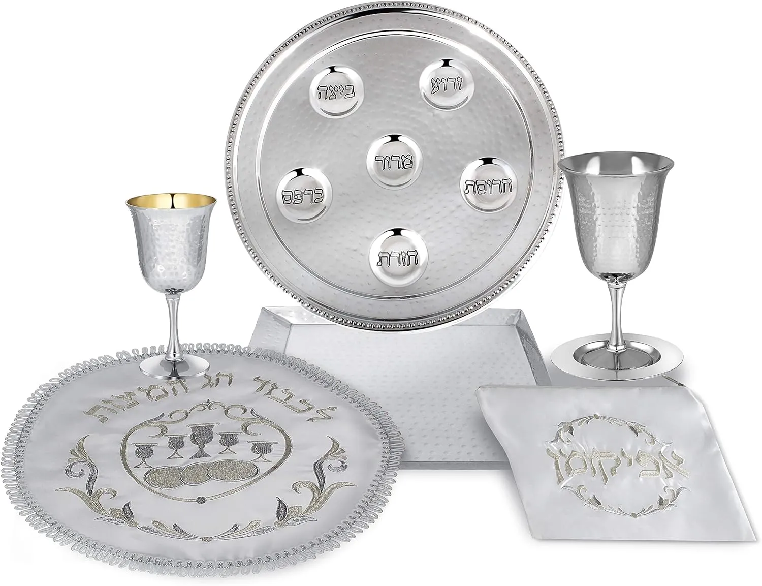 Zion Judaica Complete Passover Seder Set Gift Hammered Vienna Collection - Seder Plate Matzo Tray Elijah Cup and Coaster Kiddush Cup Round Matzah Cover Afikomen Bag Pesach Dinnerware Set Seder Dishes