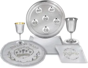 Zion Judaica Complete Passover Seder Set Gift Hammered Vienna Collection - Seder Plate Matzo Tray Elijah Cup and Coaster Kiddush Cup Round Matzah Cover Afikomen Bag Pesach Dinnerware Set Seder Dishes