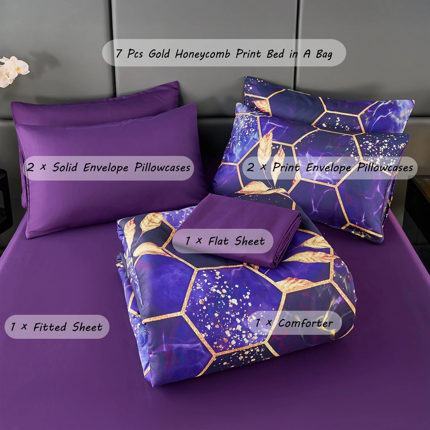 ZRNBAST 7 PC Purple and Gold Bed in a Bag - Marble Hexagon Full Size Comforter Set With Sheets, Geometric Leaf Print Luxury Modern Bedding for Teens Adults (Full)
