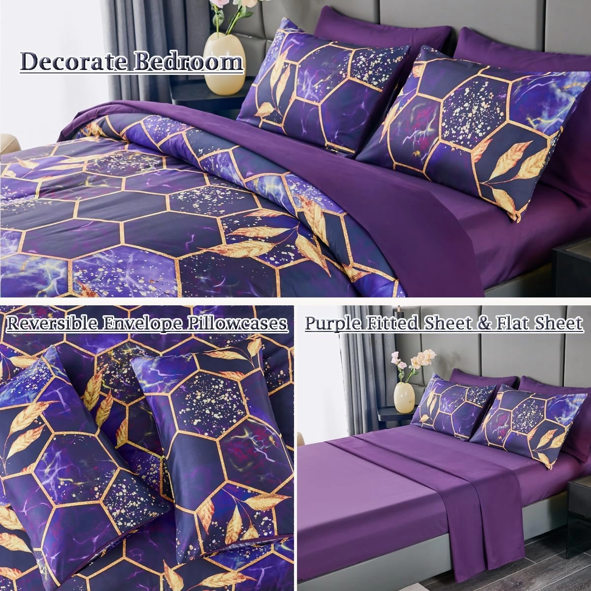 ZRNBAST 7 PC Purple and Gold Bed in a Bag - Marble Hexagon Full Size Comforter Set With Sheets, Geometric Leaf Print Luxury Modern Bedding for Teens Adults (Full)