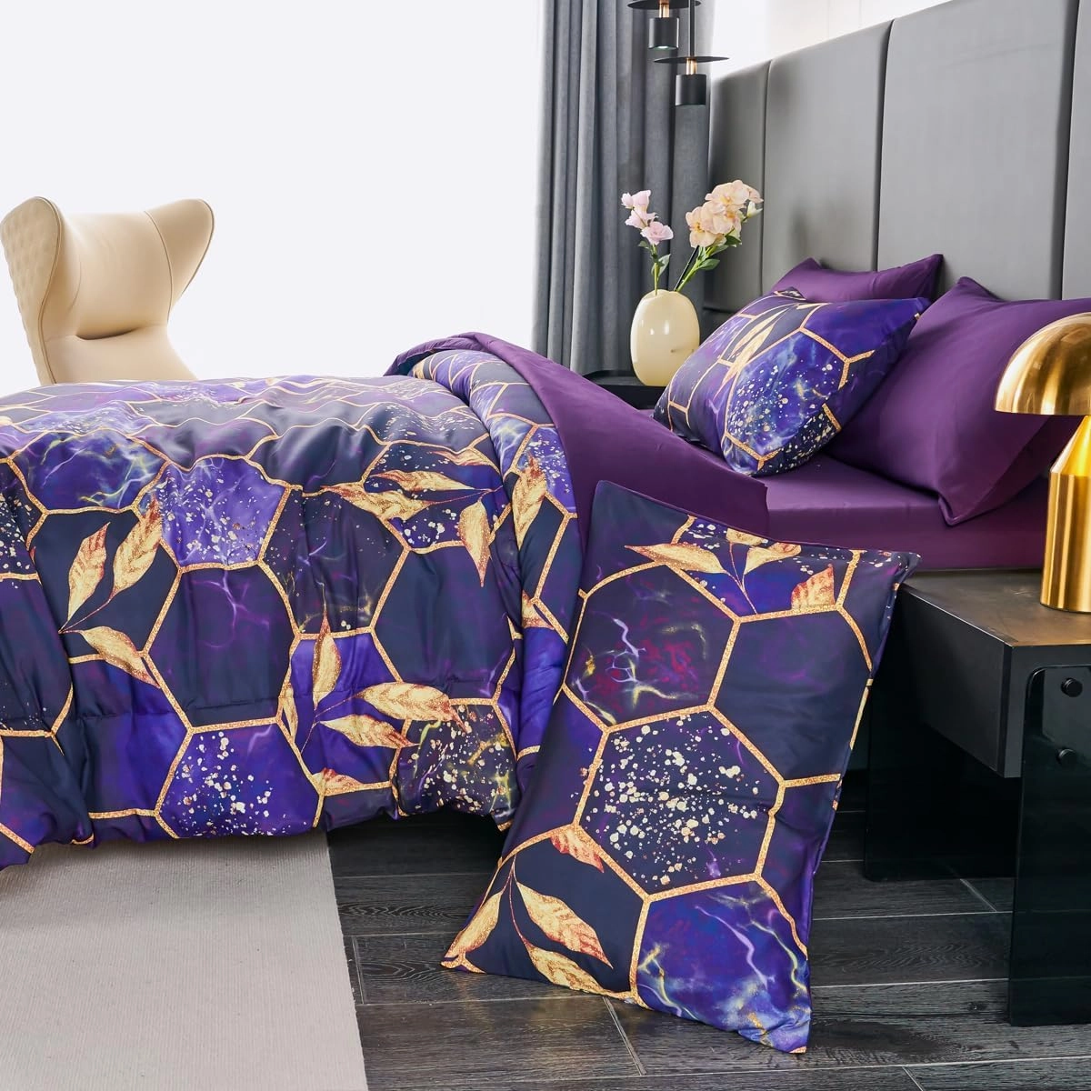 ZRNBAST 7 PC Purple and Gold Bed in a Bag - Marble Hexagon Full Size Comforter Set With Sheets, Geometric Leaf Print Luxury Modern Bedding for Teens Adults (Full)