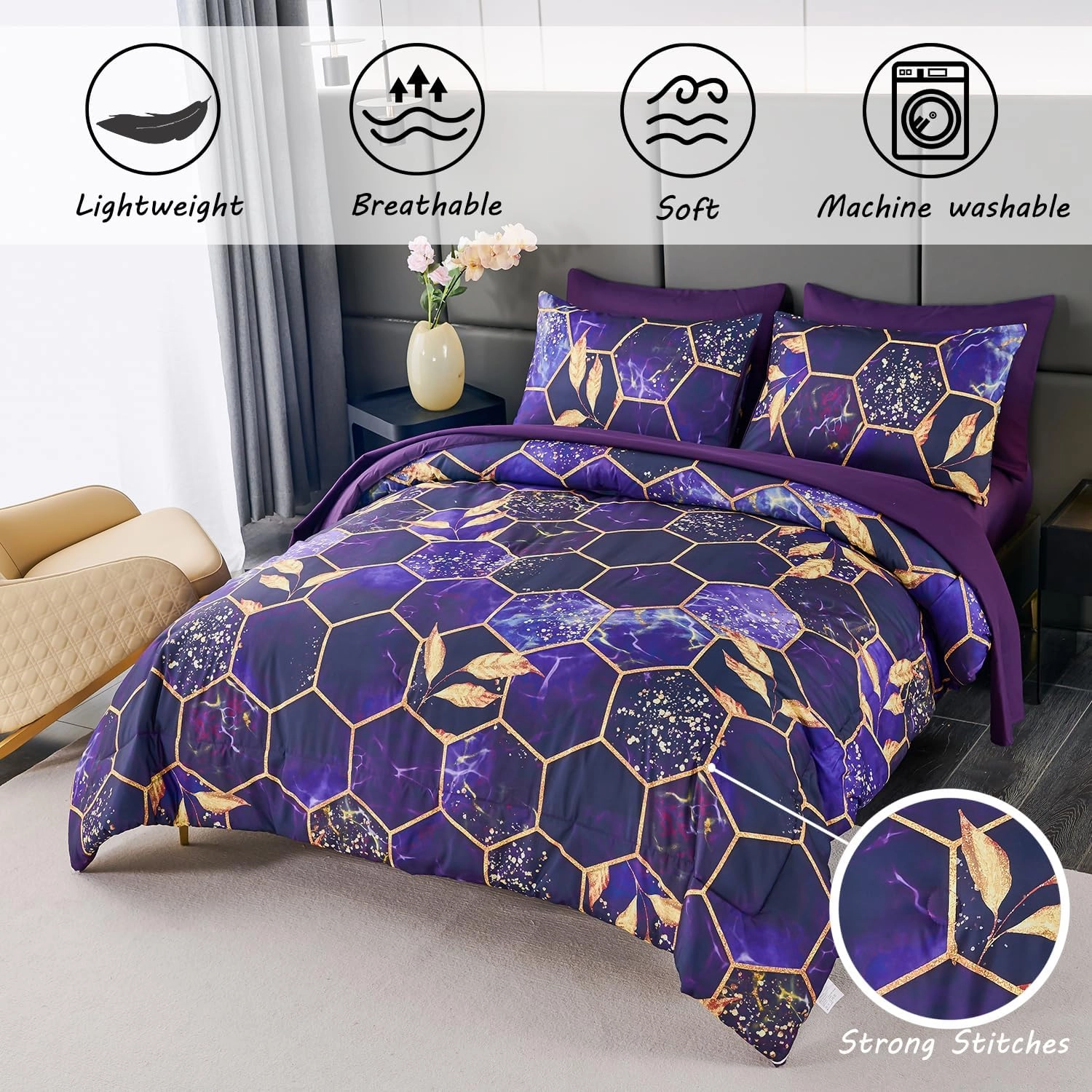 ZRNBAST 7 PC Purple and Gold Bed in a Bag - Marble Hexagon Full Size Comforter Set With Sheets, Geometric Leaf Print Luxury Modern Bedding for Teens Adults (Full)