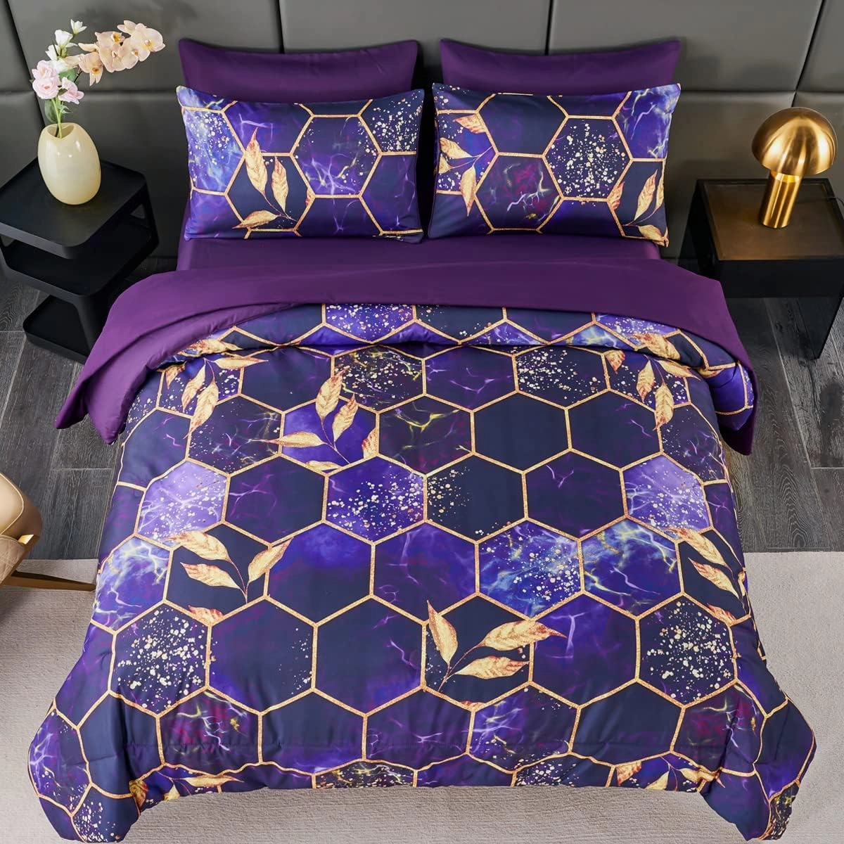 ZRNBAST 7 PC Purple and Gold Bed in a Bag - Marble Hexagon Full Size Comforter Set With Sheets, Geometric Leaf Print Luxury Modern Bedding for Teens Adults (Full)