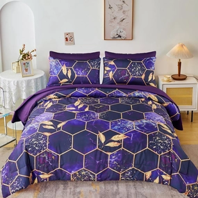 ZRNBAST 7 PC Purple and Gold Bed in a Bag - Marble Hexagon Full Size Comforter Set With Sheets, Geometric Leaf Print Luxury Modern Bedding for Teens Adults (Full)